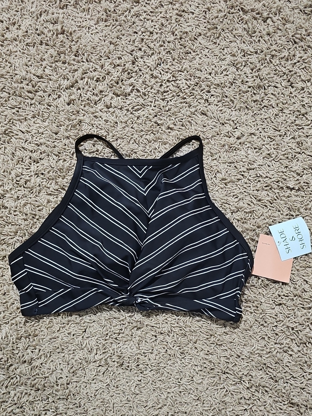 NWT Shade & Shore High-Neck Twist-Front Large Longline Bikini Top Black & White